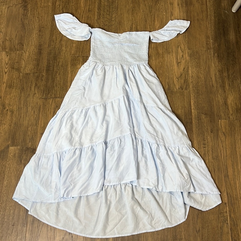Light blue high low smocked top dress with off the shoulder flutter sleeves